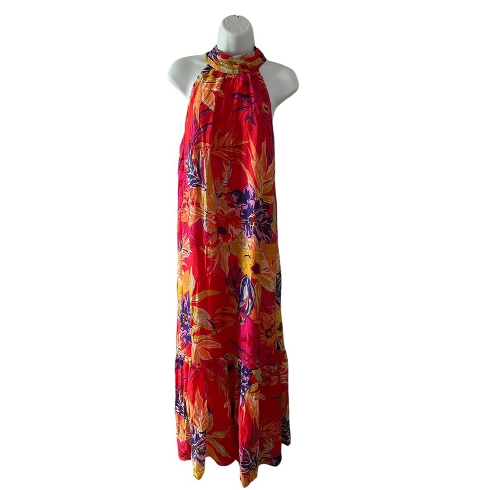 Cynthia Steffe Tropical Floral Halter Maxi Dress L Pink Orange Resortwear Summer